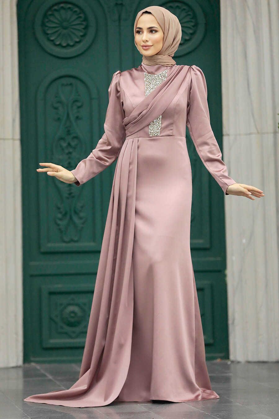 Neva Style - Satin Copper Hijab Wedding Dress 22891BKR