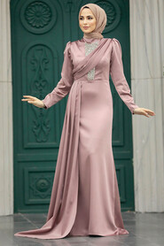 Neva Style - Satin Copper Hijab Wedding Dress 22891BKR - Thumbnail