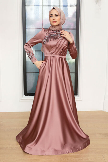  Satin Copper Hijab Wedding Gown 22401BKR - NEVA STYLE