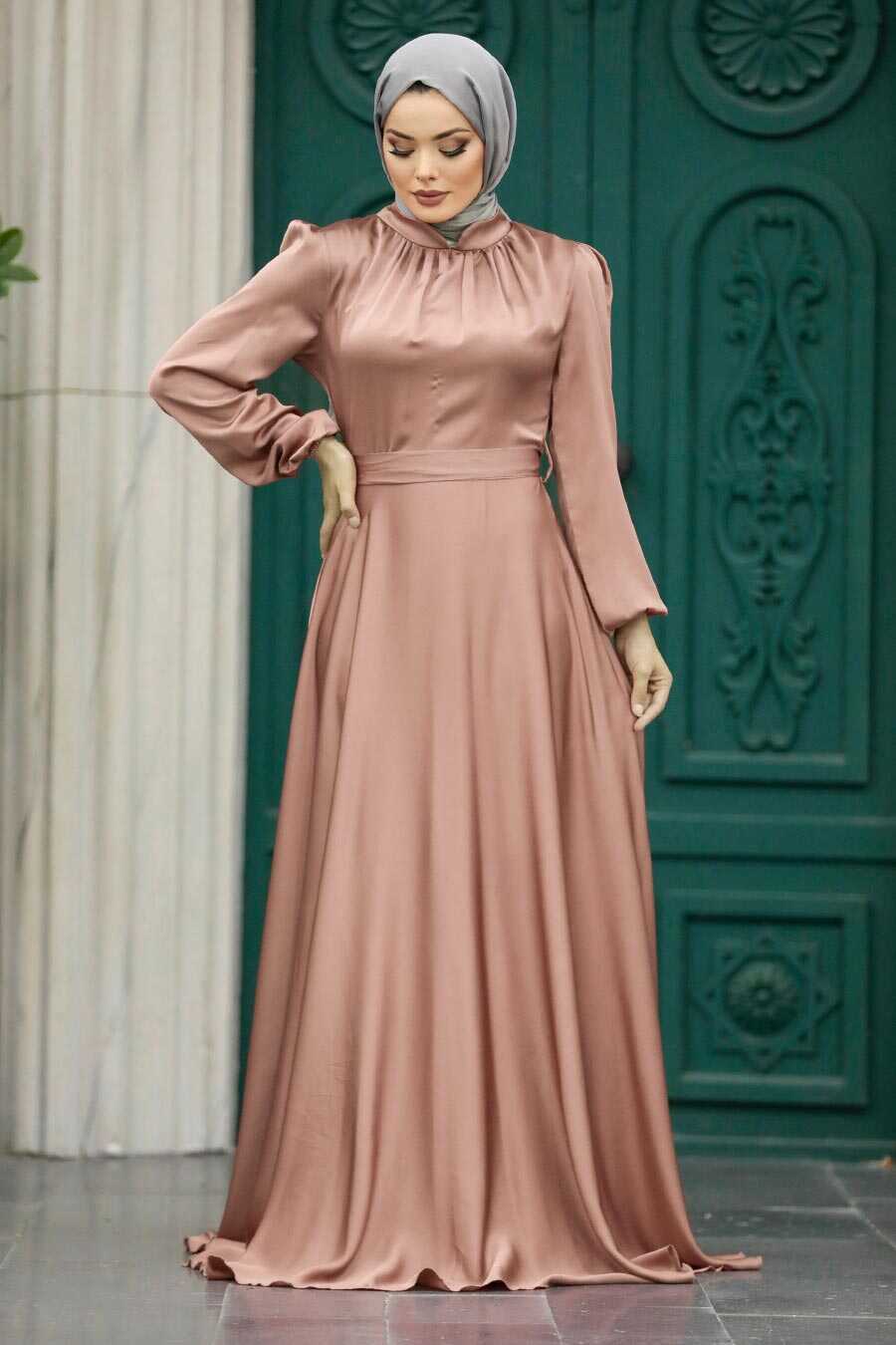 Neva Style - Satin Dark Mink Islamic Engagement Dress 25131KV