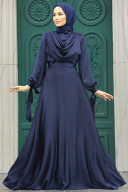  Satin Dark Navy Blue Islamic Long Sleeve Maxi Dress 38031KL - 2
