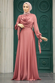  Satin Dark Salmon Pink Islamic Long Sleeve Maxi Dress 38031KSMN - 2