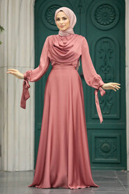  Satin Dark Salmon Pink Islamic Long Sleeve Maxi Dress 38031KSMN - 3