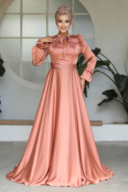  Satin Dark Salmon Pink Muslim Bridal Dress 27240KSMN - 2