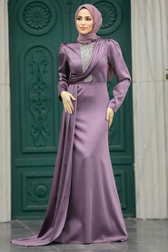 Neva Style - Satin Dusty Rose Hijab Wedding Dress 22891GK - Thumbnail