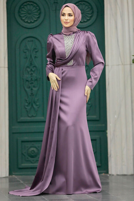  Satin Dusty Rose Hijab Wedding Dress 22891GK - NEVA STYLE