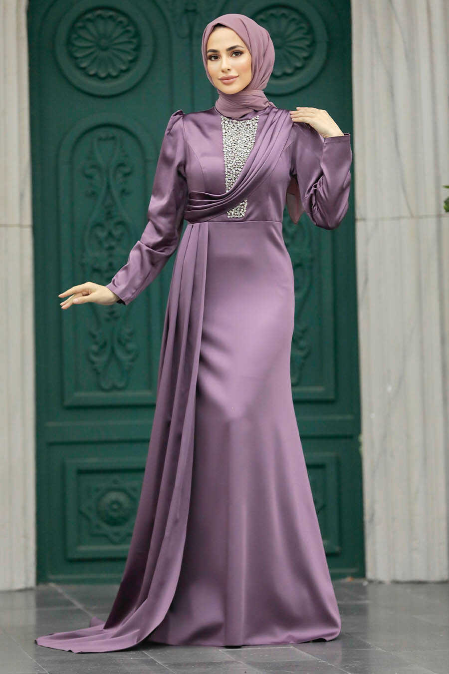 Neva Style - Satin Dusty Rose Hijab Wedding Dress 22891GK