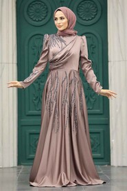  Satin Dusty Rose Islamic Long Sleeve Dress 3984GK - 1