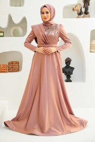  Satin Dusty Rose Modest Islamic Clothing Evening Dress 22441GK - 1