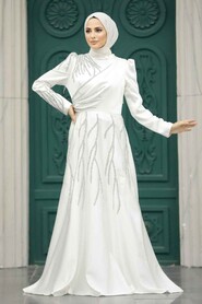  Satin Ecru Islamic Long Sleeve Dress 3984E - 1