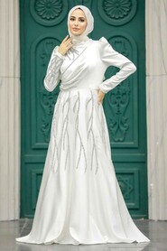  Satin Ecru Islamic Long Sleeve Dress 3984E - 2