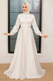  Satin Ecru Modest Islamic Clothing Wedding Dress 3064E - 1