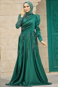  Satin Emerald Green Islamic Long Sleeve Dress 3984ZY - 2