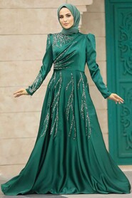  Satin Emerald Green Islamic Long Sleeve Dress 3984ZY - 1