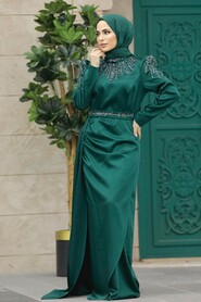  Satin Emerald Green Modest Islamic Clothing Evening Dress 41312ZY - 2