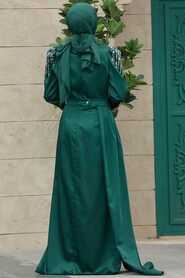  Satin Emerald Green Modest Islamic Clothing Evening Dress 41312ZY - 3