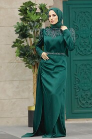  Satin Emerald Green Modest Islamic Clothing Evening Dress 41312ZY - 1