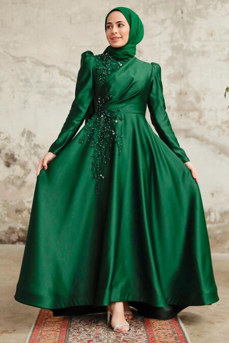  Satin Emerald Green Muslim Engagement Dress 22460ZY - NEVA STYLE