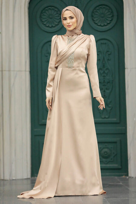  Satin Gold Hijab Wedding Dress 22891GOLD - NEVA STYLE