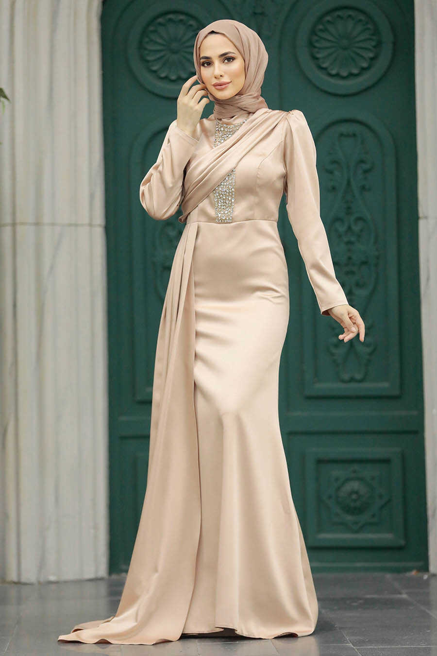 Neva Style - Satin Gold Hijab Wedding Dress 22891GOLD
