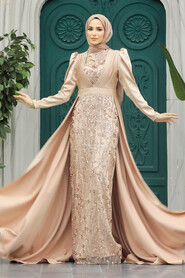 Neva Style - Satin Gold Muslim Wedding Gown 23082GOLD - Thumbnail