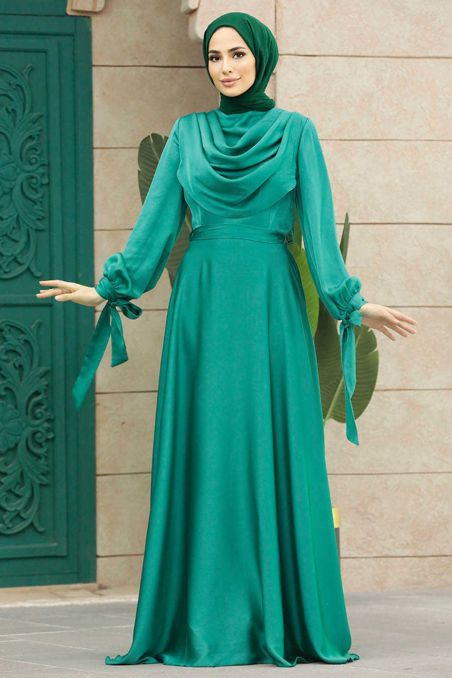 Satin Green Islamic Long Sleeve Maxi Dress 38031Y - Neva-style.com