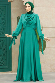  Satin Green Islamic Long Sleeve Maxi Dress 38031Y - 1