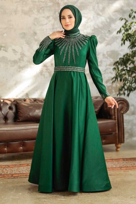  Satin Green Modest Islamic Clothing Wedding Dress 22840Y - NEVA STYLE
