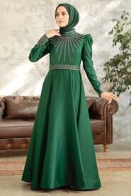  Satin Green Modest Islamic Clothing Wedding Dress 22840Y - 4