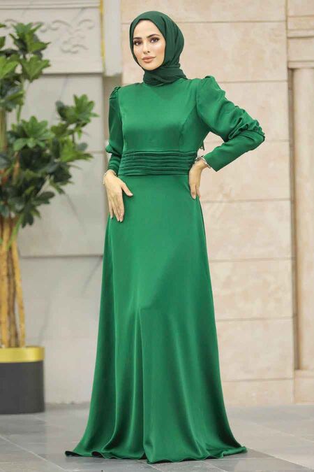  Satin Green Muslim Bridesmaid Dress 4171Y - NEVA STYLE
