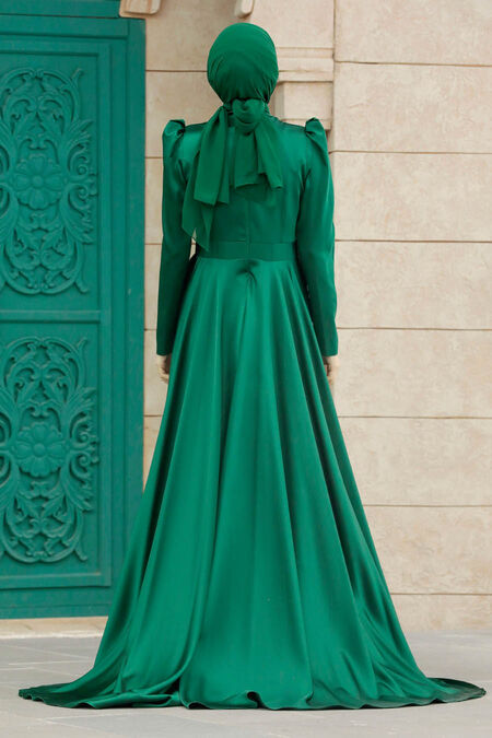 Satin Green Muslim Wedding Gown 23082Y - Neva-style.com