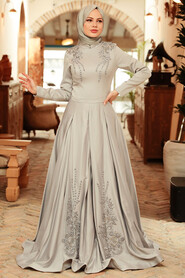  Satin Grey Hijab Long Sleeve Dress 777GR - 2