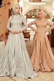  Satin Grey Hijab Long Sleeve Dress 777GR - 3