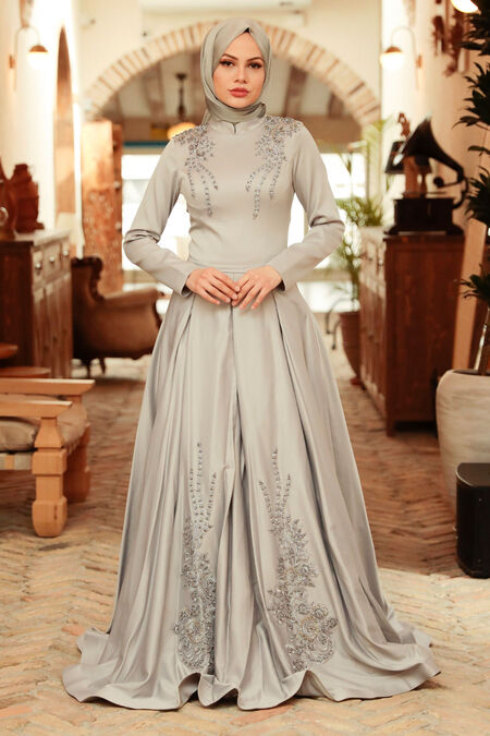 Satin Grey Hijab Long Sleeve Dress 777GR