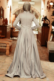  Satin Grey Hijab Long Sleeve Dress 777GR - 4