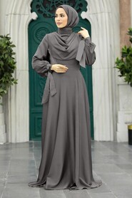  Satin Grey Islamic Long Sleeve Maxi Dress 38031GR - NEVA STYLE