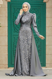  Satin Grey Muslim Wedding Gown 23082GR - 1