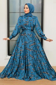  Satin İndigo Blue Hijab Dress 3438IM - 1