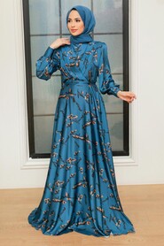  Satin İndigo Blue Hijab Dress 3438IM - 2