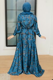  Satin İndigo Blue Hijab Dress 3438IM - 3