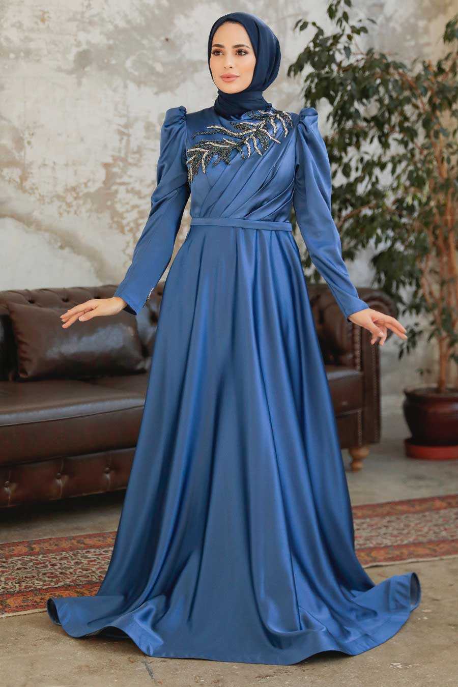 Neva Style - Satin İndigo Blue Hijab Wedding Gown 22401IM