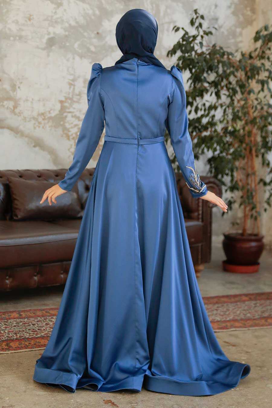 Neva Style - Satin İndigo Blue Hijab Wedding Gown 22401IM