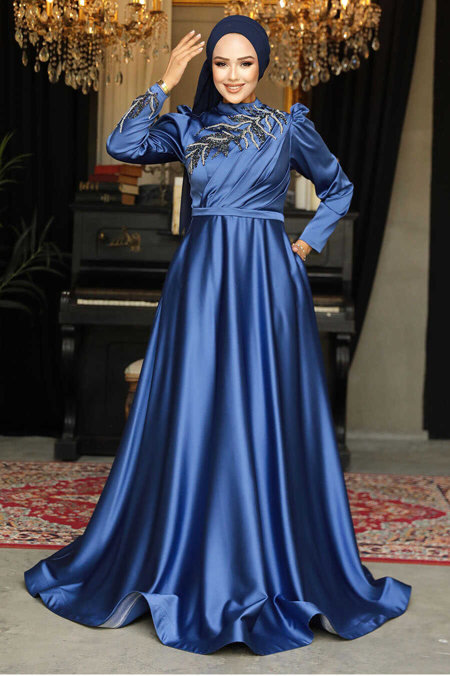 Satin İndigo Blue Hijab Wedding Gown 22401IM - Neva-style.com