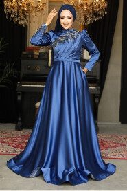  Satin İndigo Blue Hijab Wedding Gown 22401IM - 1