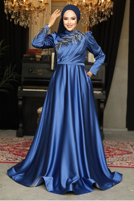  Satin İndigo Blue Hijab Wedding Gown 22401IM - NEVA STYLE