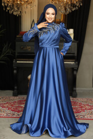  Satin İndigo Blue Hijab Wedding Gown 22401IM - 2