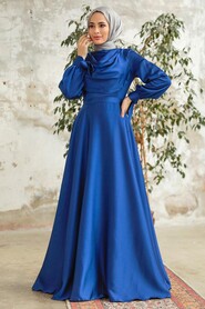  Satin Indigo Blue Islamic Long Sleeve Maxi Dress 38031IM - 1