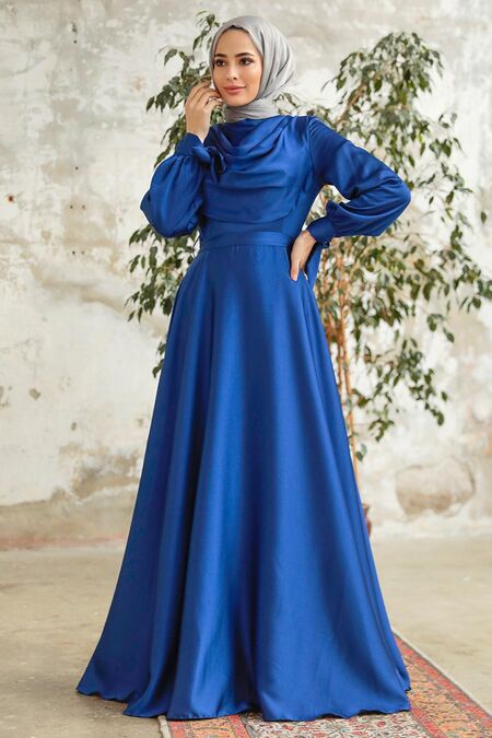 Satin Indigo Blue Islamic Long Sleeve Maxi Dress 38031IM - Neva-style.com Satin Indigo Blue Islamic Long Sleeve Maxi Dress 38031IM - Neva-style.com