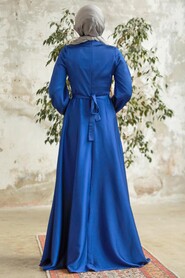  Satin Indigo Blue Islamic Long Sleeve Maxi Dress 38031IM - 2