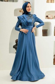  Satin İndigo Blue Modest Islamic Clothing Evening Dress 22441IM - 2